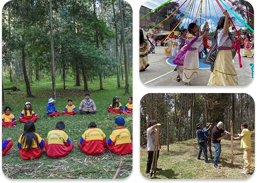 Collage de actividades del INEPE que muestra trabajos comunitarios en la naturaleza, danzas culturales y círculos de aprendizaje con niñas y niños, reflejando la integración de ecología, cultura e investigación educativa.