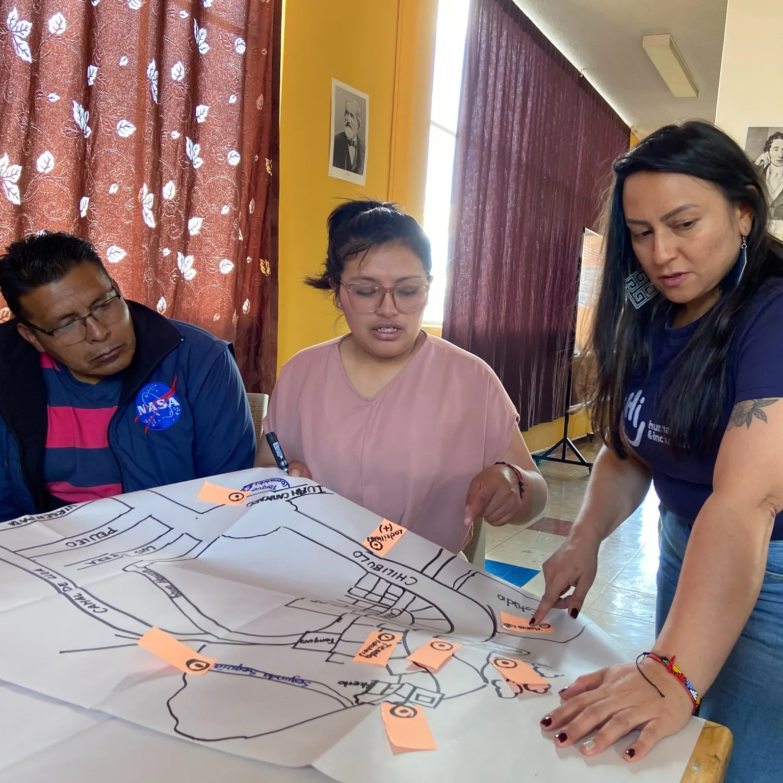 Equipo de investigación del INEPE analizando un mapa comunitario con notas adhesivas, colaborando en el diseño de proyectos sociales y científicos.