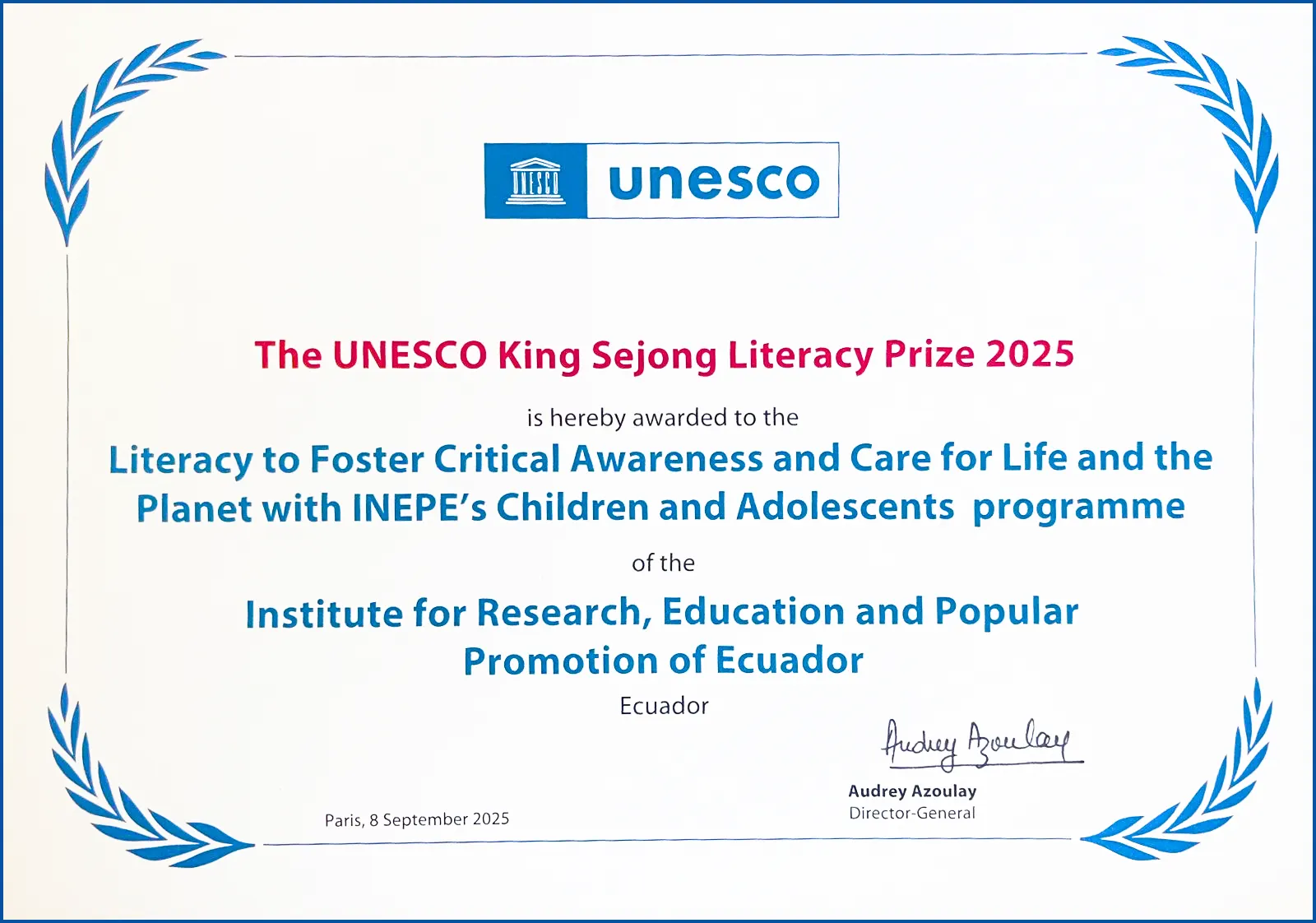 Certificado del Premio UNESCO–Rey Sejong de Alfabetización 2025 otorgado al INEPE por su programa de alfabetización para promover la conciencia crítica y el cuidado de la vida y del planeta.
